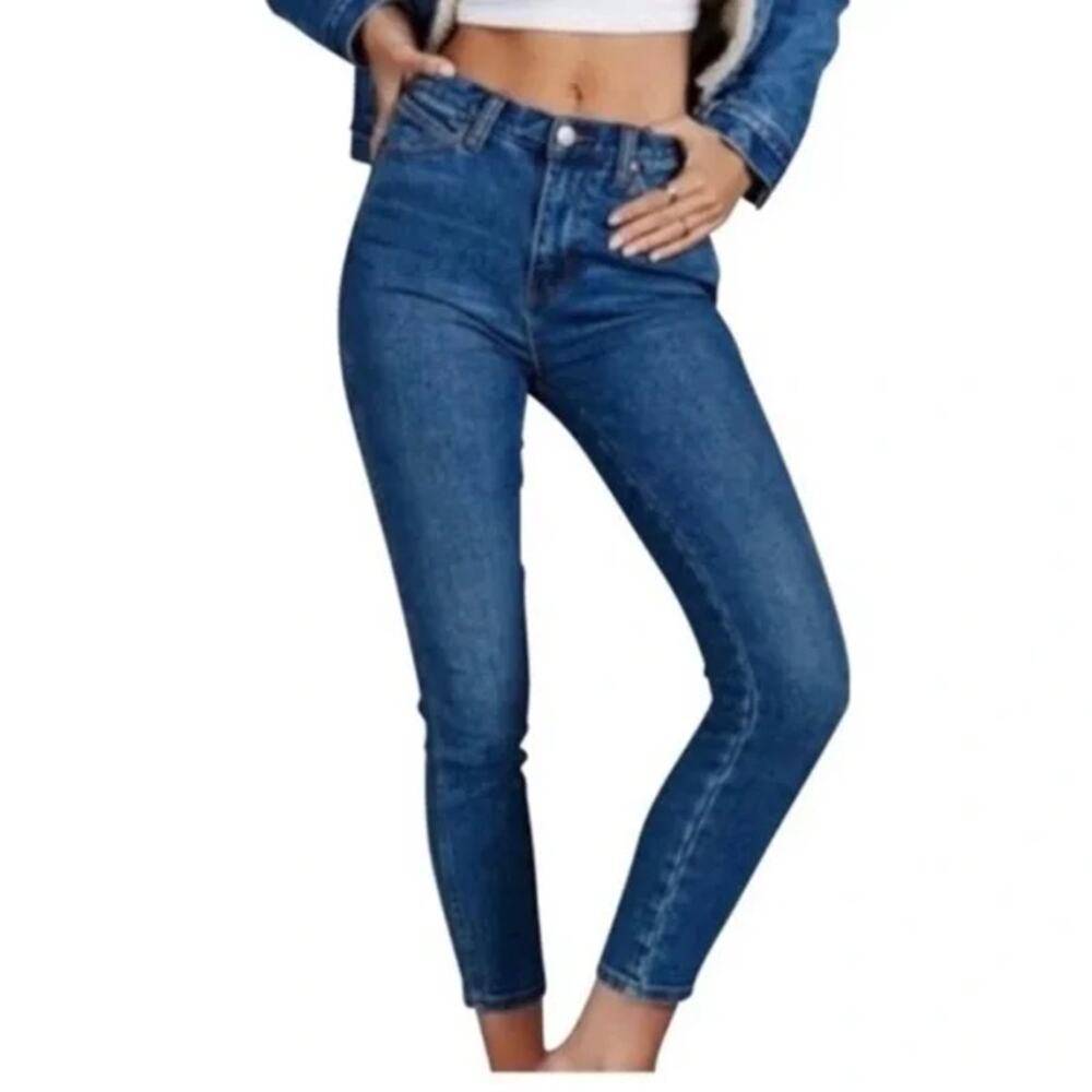 Free People High Rise Skinny Jeans Dark Wash Blue Button Fly Size 27